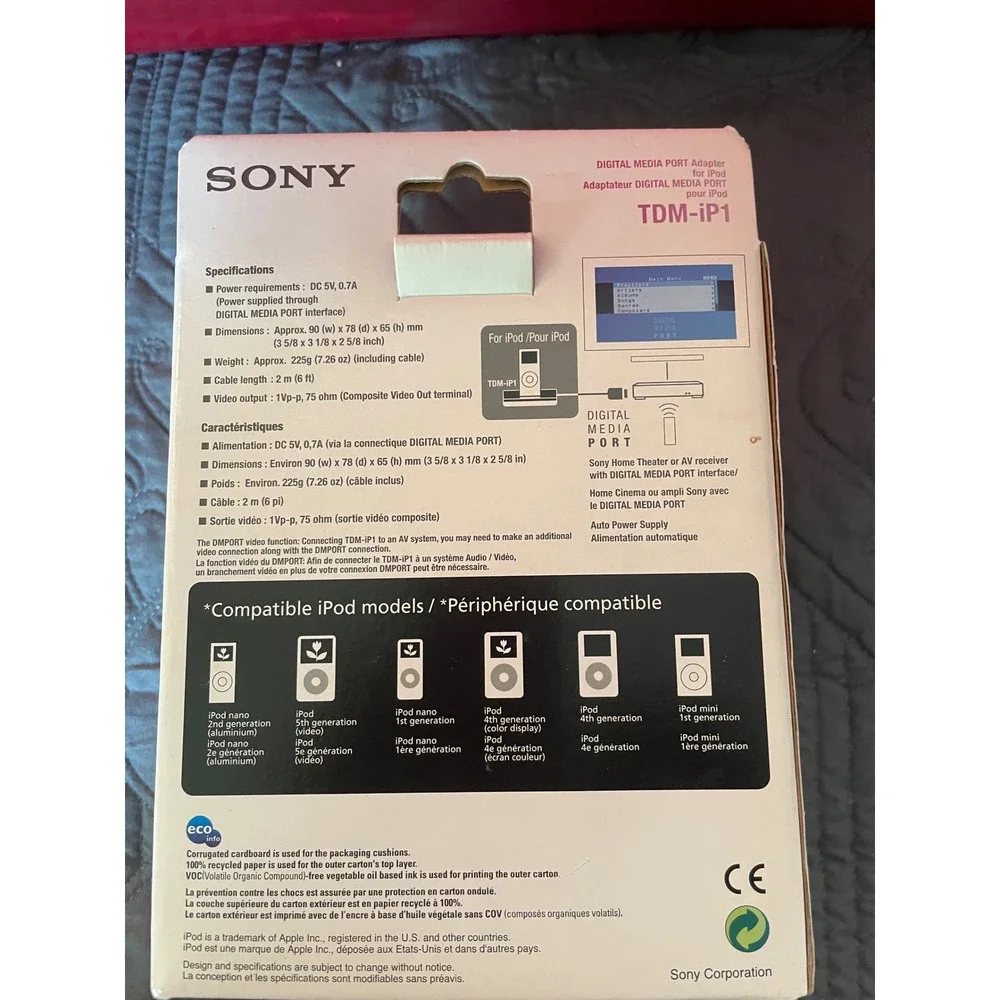 Sony TDM-iP1 Digital Media Port Adapter for iPod Docking Station Black NIB